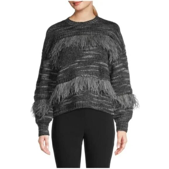 New CINQ À SEPT Melissa Ostrich Feather Crewneck Pullover Sweater NWT Large - Picture 1 of 11